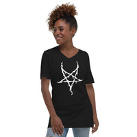 White Melting Inverted Pentagram design on unisex V-neck shirt, front view