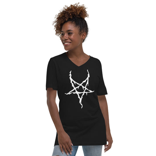 White Melting Inverted Pentagram design on unisex V-neck shirt, front view