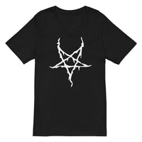 White Melting Inverted Pentagram design on unisex V-neck shirt, front view