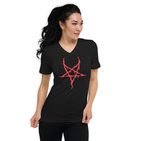 Red Melting Inverted Pentagram design on unisex V-neck shirt, front view