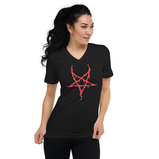 Red Melting Inverted Pentagram design on unisex V-neck shirt, front view