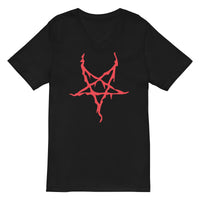 Red Melting Inverted Pentagram design on unisex V-neck shirt, front view