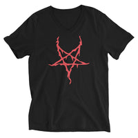 Red Melting Inverted Pentagram design on unisex V-neck shirt, front view