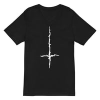 White Melting Inverted Cross design on unisex V-neck shirt, front view