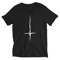 White Melting Inverted Cross design on unisex V-neck shirt, front view