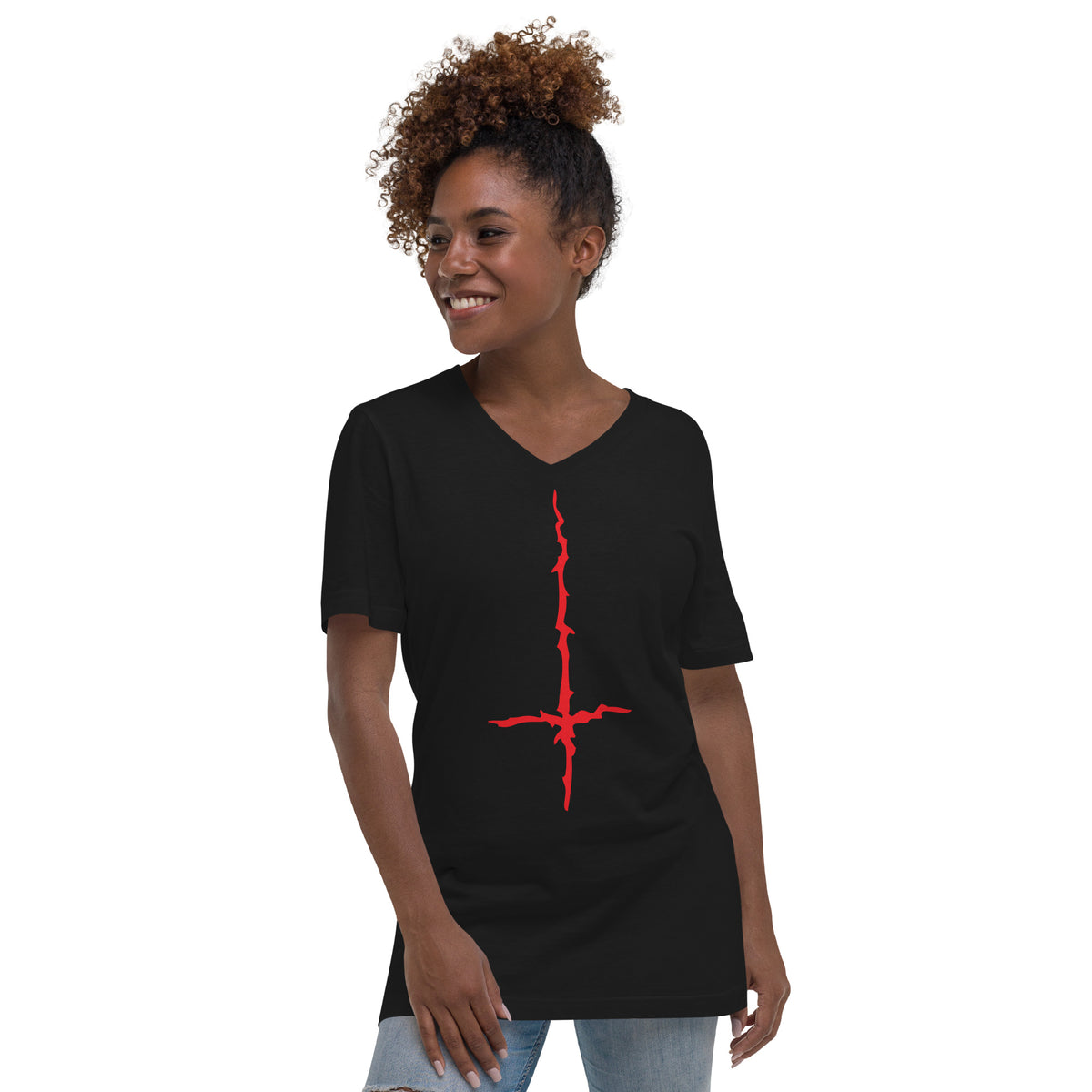 Red Melting Inverted Cross design on unisex V-neck shirt, front view