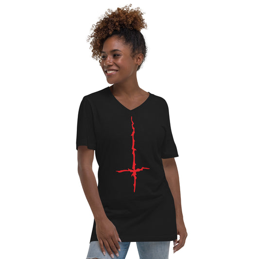 Red Melting Inverted Cross design on unisex V-neck shirt, front view