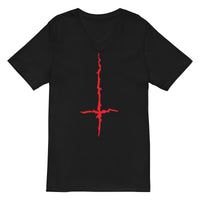 Red Melting Inverted Cross design on unisex V-neck shirt, front view