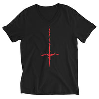 Red Melting Inverted Cross design on unisex V-neck shirt, front view