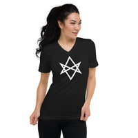 White Unicursal Hexagram design on unisex V-neck shirt, front view