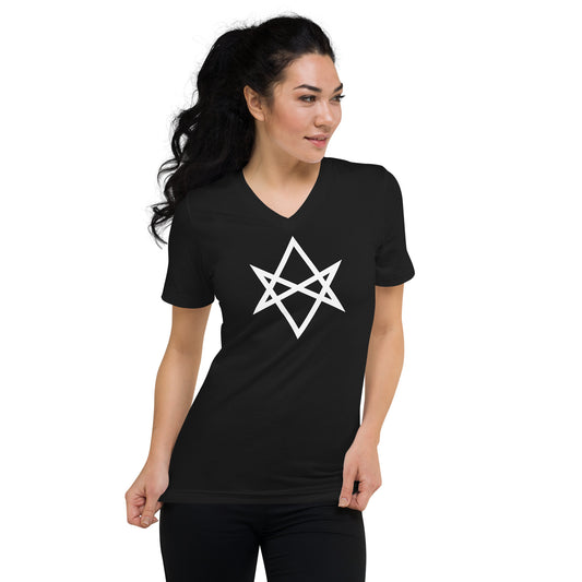 White Unicursal Hexagram design on unisex V-neck shirt, front view