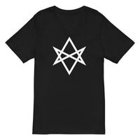 White Unicursal Hexagram design on unisex V-neck shirt, front view