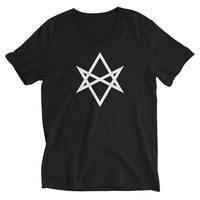 White Unicursal Hexagram design on unisex V-neck shirt, front view
