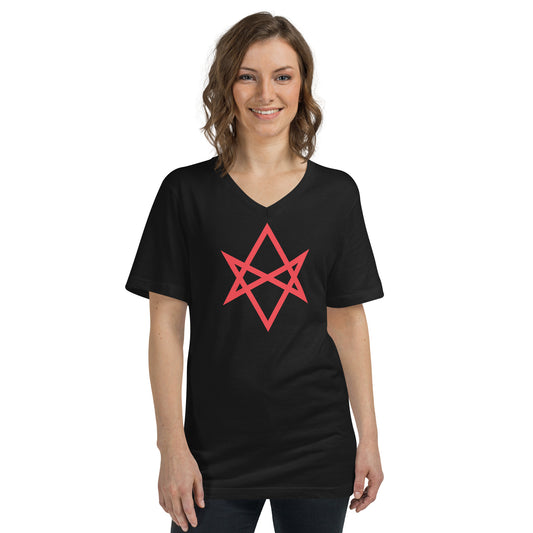 Red Unicursal Hexagram design on unisex V-neck shirt, front view