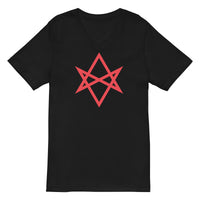 Red Unicursal Hexagram design on unisex V-neck shirt, front view