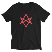 Red Unicursal Hexagram design on unisex V-neck shirt, front view