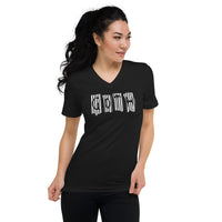 Black White Gothic Stripes design on unisex V-neck shirt, front view