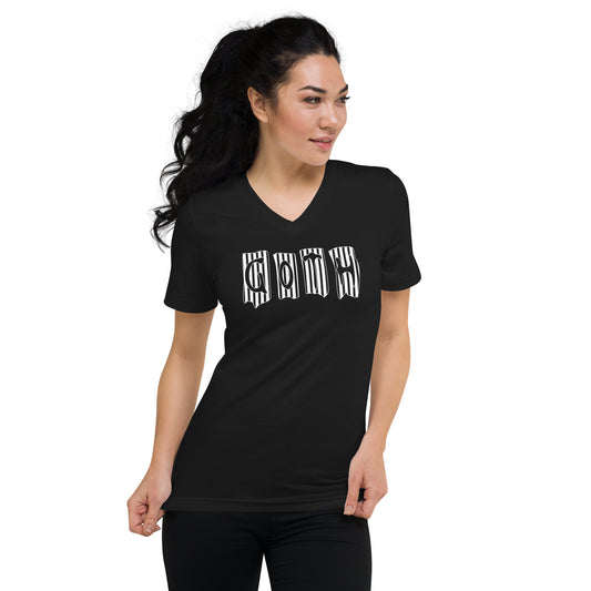 Black White Gothic Stripes design on unisex V-neck shirt, front view