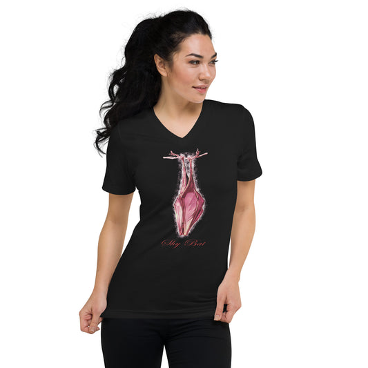 Shy Vampire Bat design on unisex V-neck shirt, front view