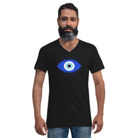 Curse of the Evil Eye design on unisex V-neck shirt, front view