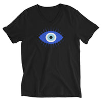 Curse of the Evil Eye design on unisex V-neck shirt, front view