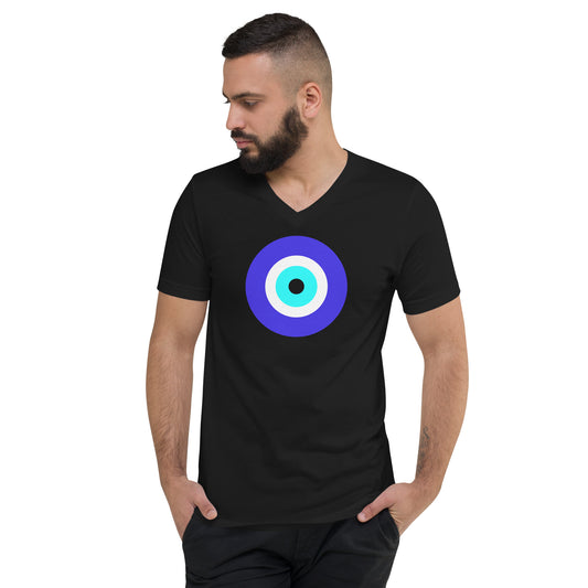 Classic Evil Eye design on unisex V-neck shirt, front view
