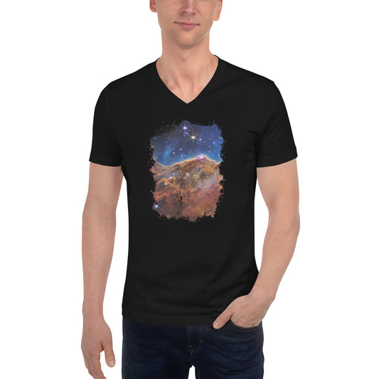 Carina Nebula JWST design on unisex V-neck shirt, front view