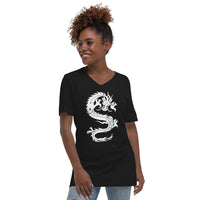 Ancient Chinese Loong Dragon design on unisex V-neck shirt, front view