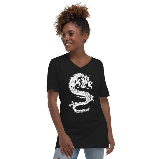 Ancient Chinese Loong Dragon design on unisex V-neck shirt, front view