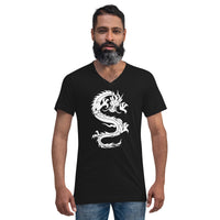 Ancient Chinese Loong Dragon design on unisex V-neck shirt, front view