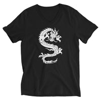 Ancient Chinese Loong Dragon design on unisex V-neck shirt, front view