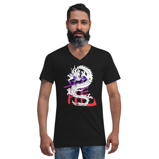 Lucky Chinese Dragon design on unisex V-neck shirt, front view