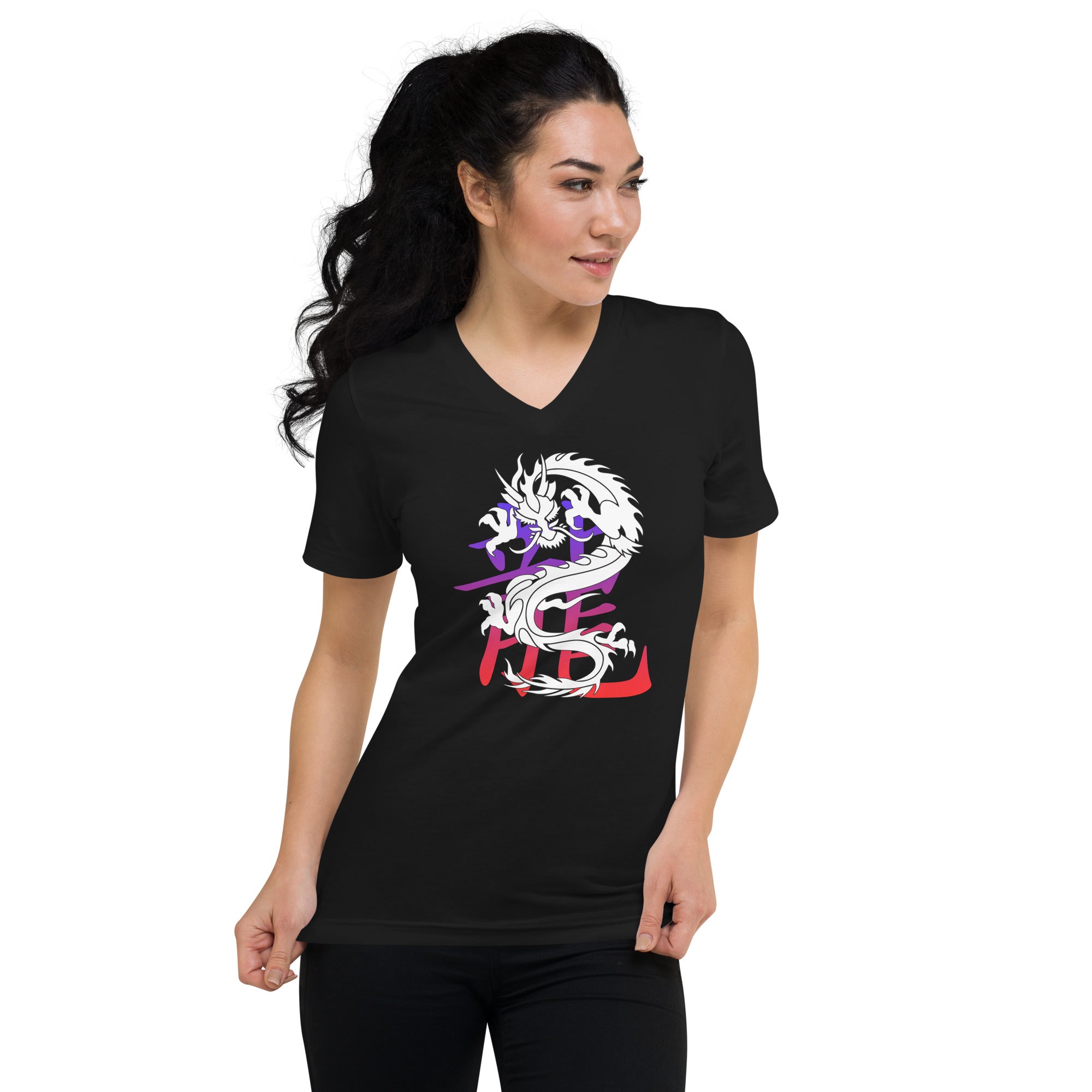 Lucky Chinese Dragon with Ancient Symbol Short Sleeve V-Neck T-Shirt