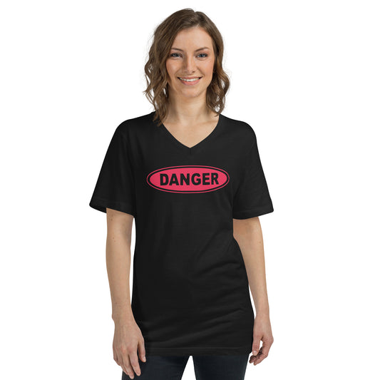 Red Danger Sign design on unisex V-neck shirt, front view