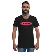 Red Danger Sign design on unisex V-neck shirt, front view