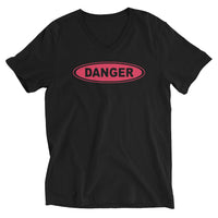 Red Danger Sign design on unisex V-neck shirt, front view