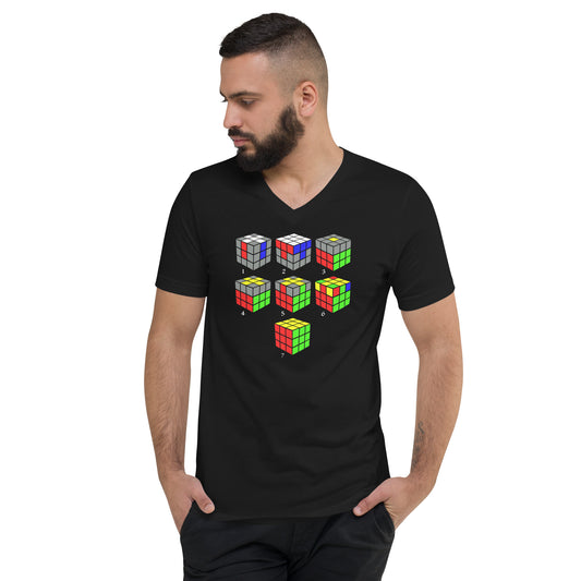 Speed Cube Solution Diagram design on unisex V-neck shirt, front view