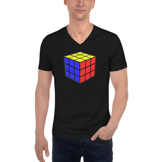 Magic Speed Cube design on unisex V-neck shirt, front view
