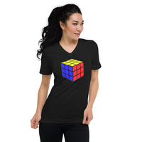 Magic Speed Cube design on unisex V-neck shirt, front view