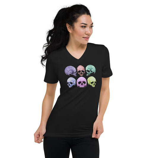 Pastel Death Skulls design on unisex V-neck shirt, front view