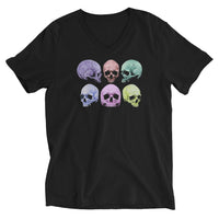 Pastel Death Skulls design on unisex V-neck shirt, front view