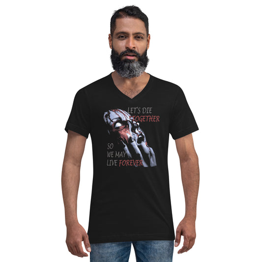 Together Forever Horror design on unisex V-neck shirt, front view