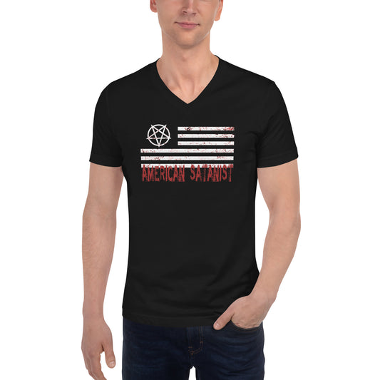 American Satanist Pentagram design on unisex V-neck shirt, front view