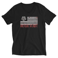 American Satanist Pentagram design on unisex V-neck shirt, front view