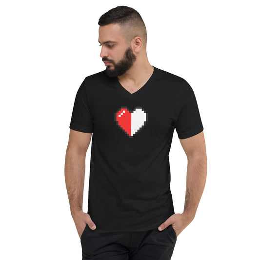 Pixel Half Heart design on unisex V-neck shirt, front view
