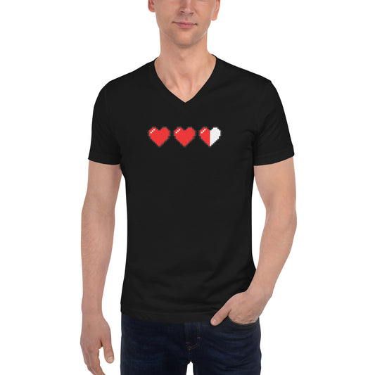 3 Heart Meter design on unisex V-neck shirt, front view