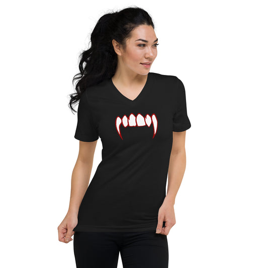 Bloody Vampire Fangs design on unisex V-neck shirt, front view