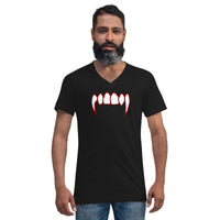 Bloody Vampire Fangs design on unisex V-neck shirt, front view