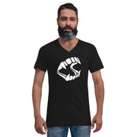 White Novelty Vampire Fangs design on unisex V-neck shirt, front view