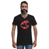 Red Novelty Vampire Fangs design on unisex V-neck shirt, front view